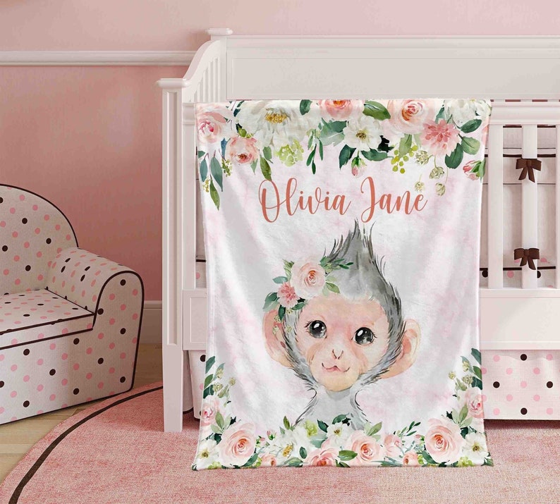 Pink Floral Monkey Nursery Blanket Personalized Baby Monkey - Etsy
