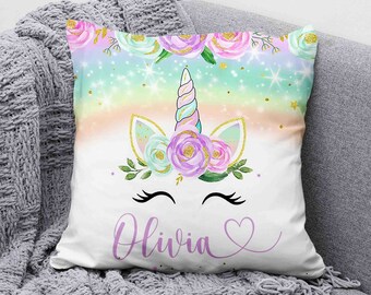 Floral Rainbow Unicorn Pillow, Personalized Nursery Decor