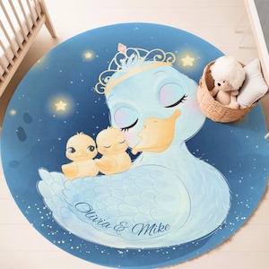 Mom and Baby Duck Round Rug, Custom Name Nursery Carpet, Ducklings Baby Shower Gift, Kids Room Circle Playmat, Gift for Twins Newborn