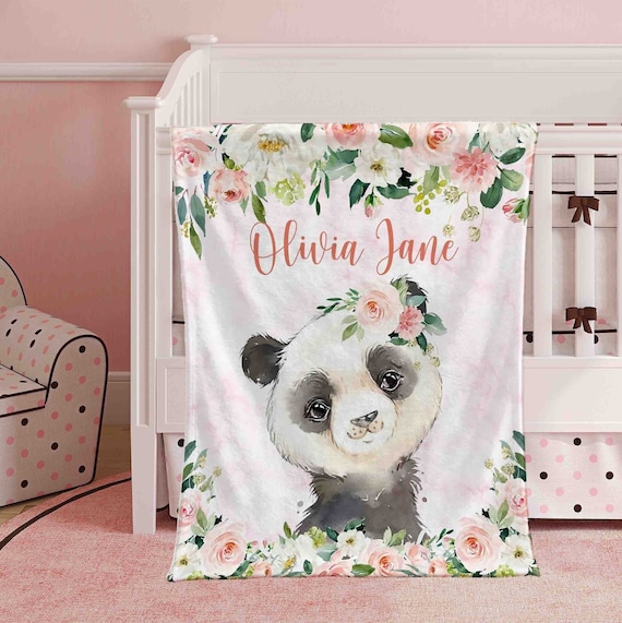Personalized Baby Panda Blanket Pink Floral Panda Nursery Blanket