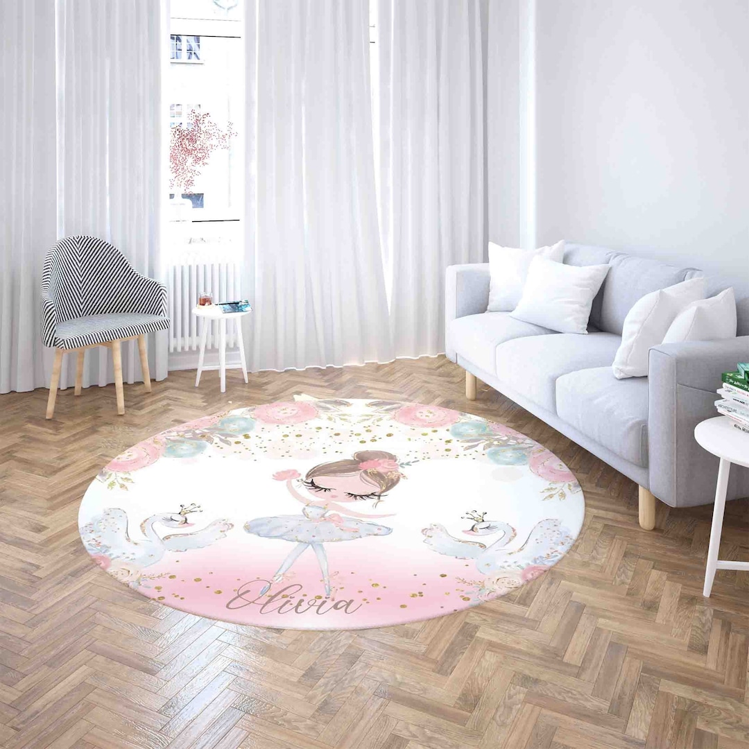 Pink Ballerina Girl Round Rug, Swan Lake Dance Nursery Carpet ...
