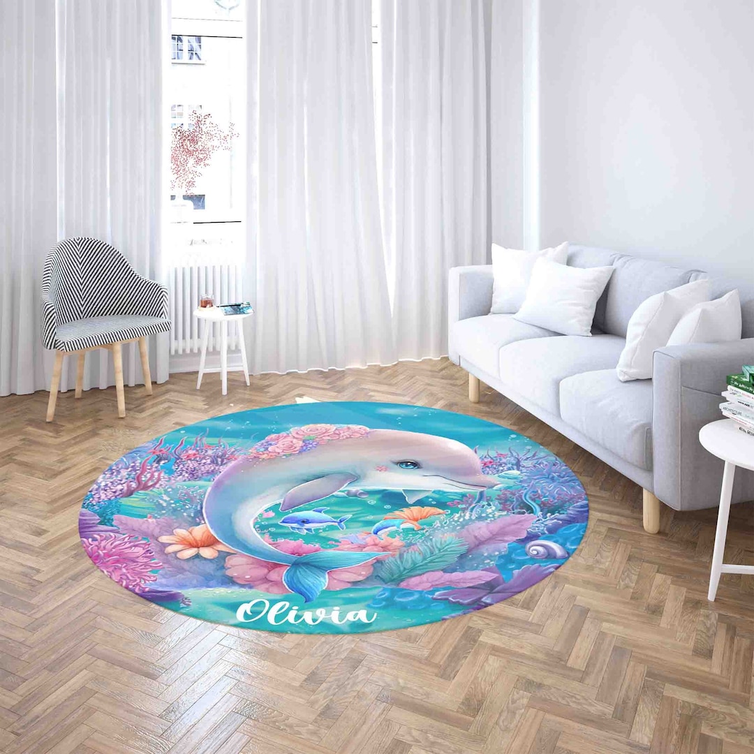 Floral Dolphin Round Rug, Ocean Animals Nursery Play Mat, Under the Sea ...