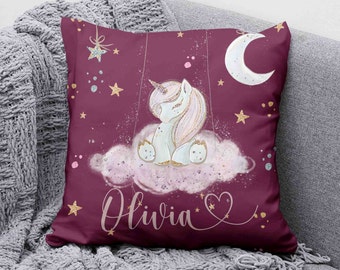 Personalized Unicorn Pillow, Baby Nursery Decor, Faux Suede Cushion