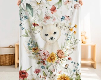 Personalized Polar Bear Baby Blanket, Custom Name Wildflower Minky Arctic Nursery Gift