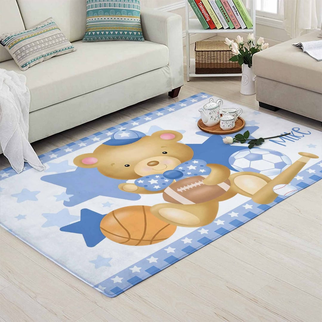 Teddy Bear Nursery Rug: Sports Theme, Custom Name Baby Mat - Etsy
