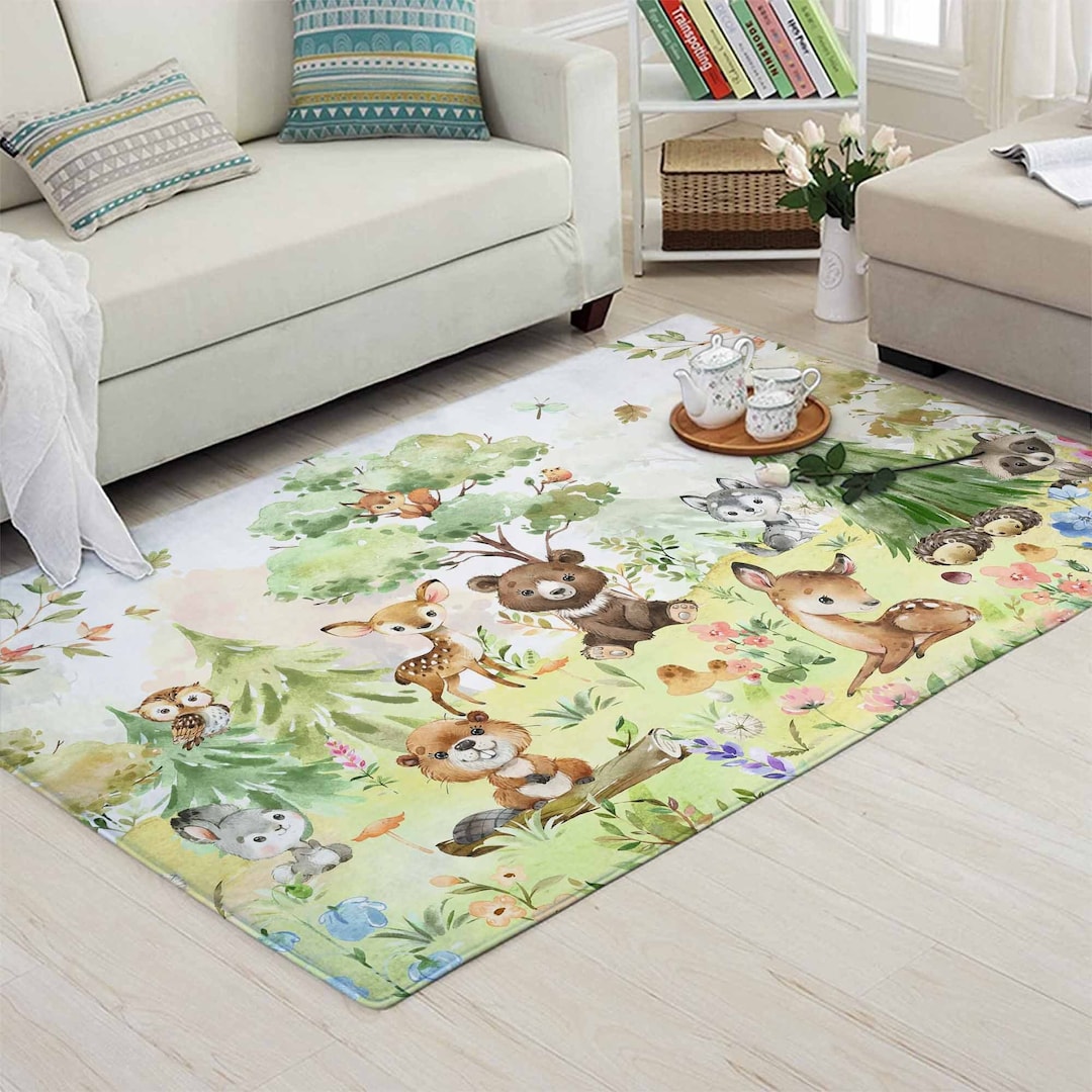 Forrest Friends Rug Woodland Animals Nursery Rug, Spring Forest Baby Play Mat - Etsy
