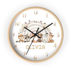 Woodland Animals Clock Wall Personalized Nursery Clock Baby Room Decor Rainbow Clock Gift For Kids Baby Shower Gift For New Baby