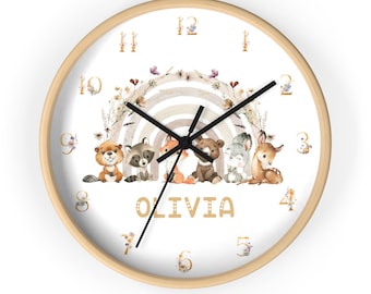 Woodland Animals Nursery Clock, Personalized Rainbow Decor