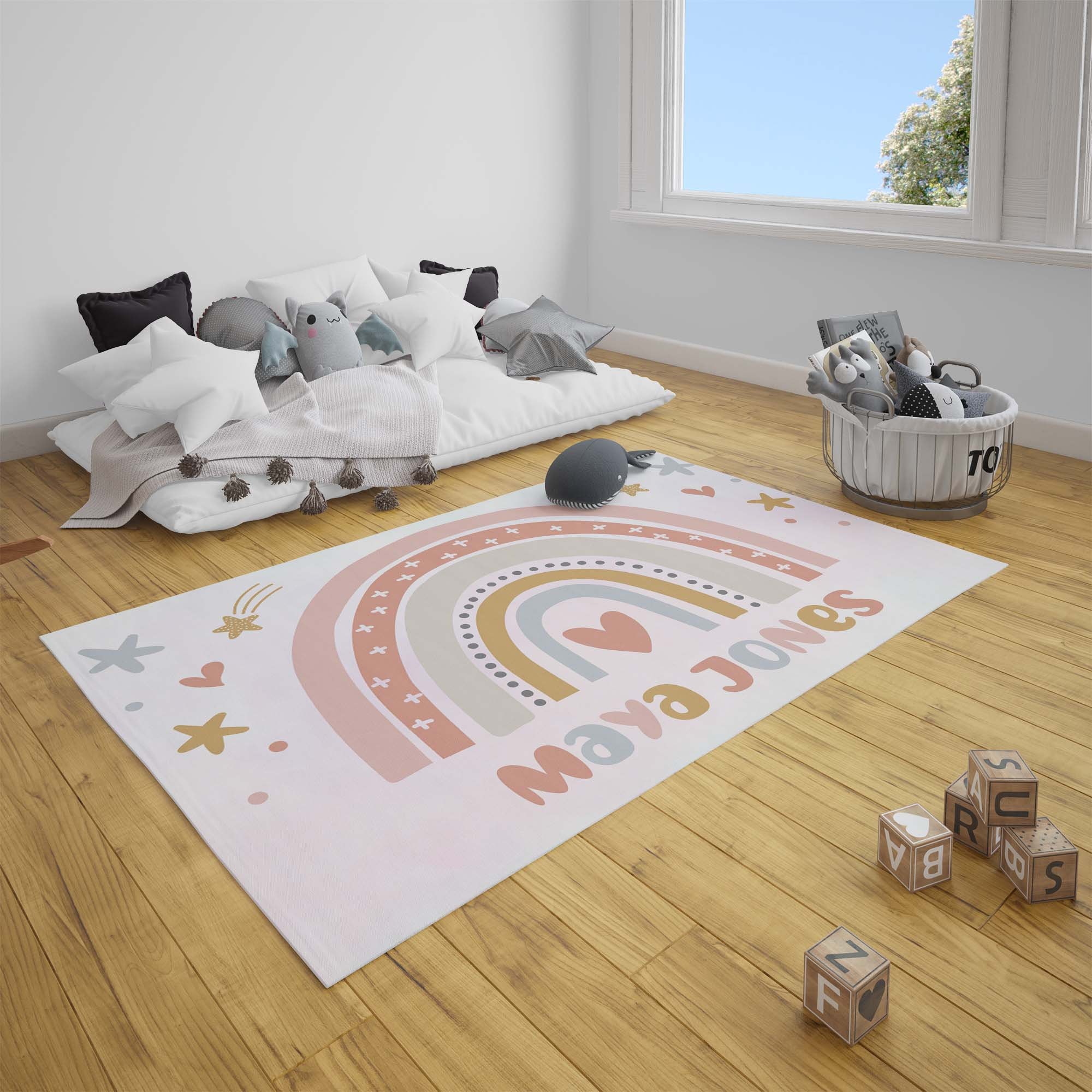 Pink Rug Scandinavian Boho Rainbow Print Nursery Rug Neutral Area
