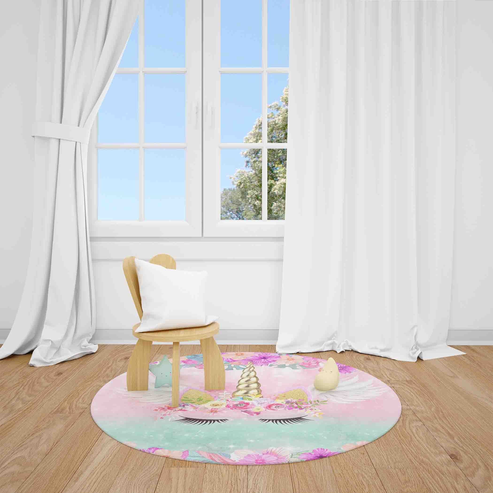 花柄ユニコーンフェイスの円形ラグ、子供部屋用プレイマット - Etsy 日本