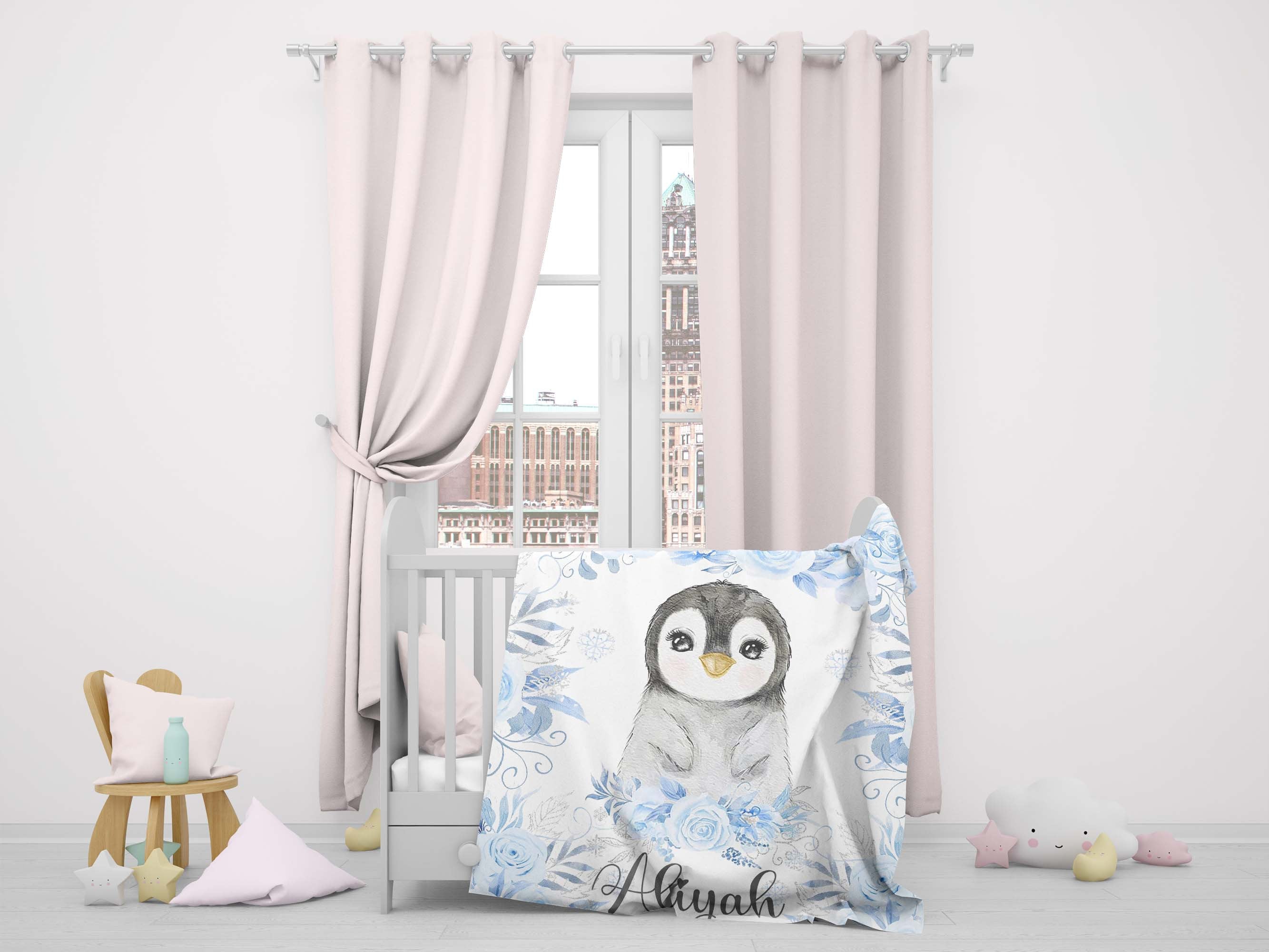 Personalized Baby Blanket With Name - Pink Floral Penguin, 30"x40" Flannel, Custom Nursery Gift - View #3