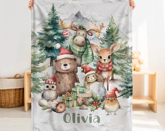 Personalized Christmas Woodland Baby Blanket – Winter Animals, Custom Name
