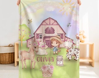 Personalized Farm Animals Minky Baby Blanket – Custom Name Girl Barn Nursery