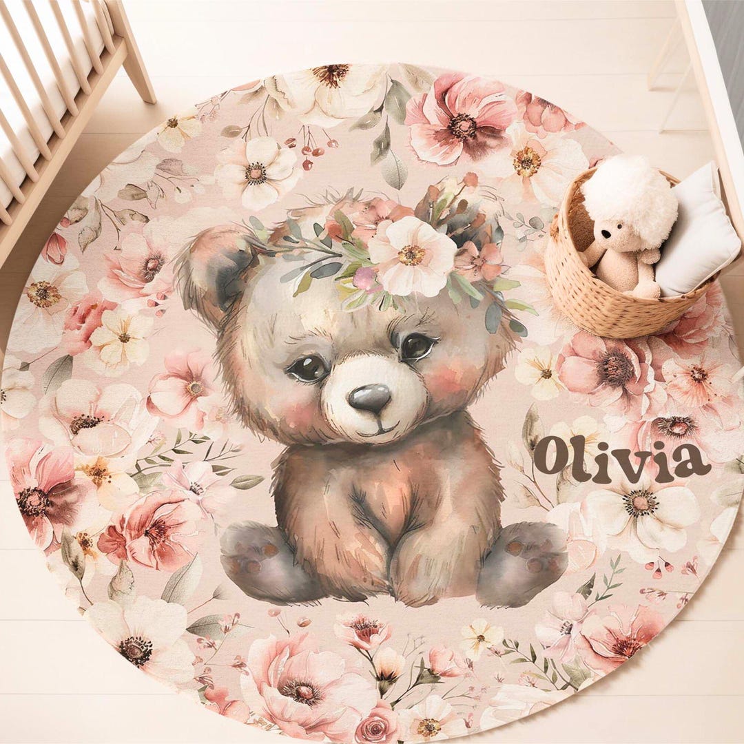 Custom Rugs For Baby Baby Bear Nursery Rug Floral Girl Playmat Custom Name Carpet Girls Room ...