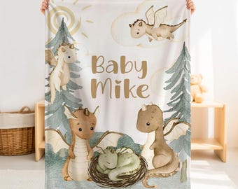 Personalized Dragon Baby Blanket – Custom Name Woodland Fantasy Nursery Gift
