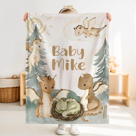 Personalized Dragon Baby Blanket – Custom Name Woodland Fantasy Nursery Gift