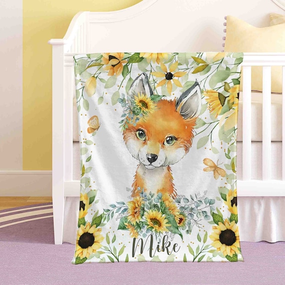 Sunflower Fox Nursery Blanket Personalized Baby Foxy Blanket Woodland Animal Baby Blanket Kids Custom Name Blanket Floral Baby Shower Gift Etsy