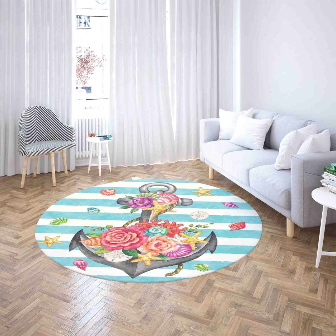 Nautical Anchor Round Rug, Floral Seashell Accent Mat - Etsy