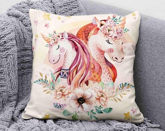Mom and Baby Unicorn Pillow, Floral Nursery Decor