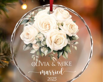 Adorno de boda personalizado de rosa blanca, recuerdo de cristal para recién casados, nombres personalizados y año de matrimonio.