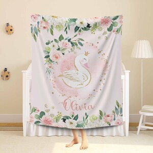 Baby Swan Blanket Personalized Christmas Nursery Blanket Little Swan Kids Custom Name Blanket Spring Floral Baby Shower Gift For Girls