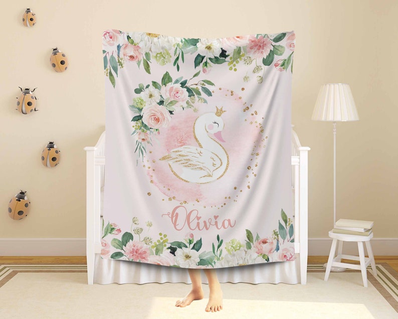 Baby Swan Blanket Personalized Christmas Nursery Blanket Little Swan Kids Custom Name Blanket Spring Floral Baby Shower Gift For Girls