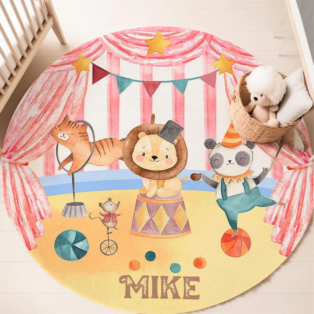 Circus Animals Nursery Rug, Round Cotton Baby Play Mat, Lion Kids ...