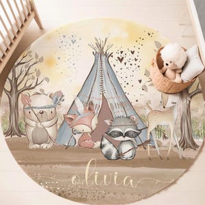 Boho Teppich mit Tieren und Freunden, Herbstwald Kinderzimmer Dekoration, Safari Tiere Teppich, wildes Dschungel Kinderzimmer Dekor, ethnisches Babypartygeschenk