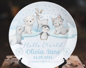 Geburtsanzeigeschild „Arctic Animals“, individuelles Namensschild, Andenken, Babystatistiken, individueller Teller, Ornament, personalisierte Teller, Geschenk für Neugeborene