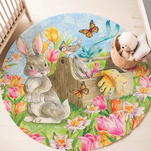 Spring Bunny Round Rug, Floral Garden Carpet, Cottagecore Flowers Home Decor, Baby Shower Gift, Baby Rabbit Nursery Mat, Kids Room Playmat