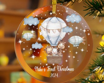 Adorno navideño personalizado para el primer cumpleaños del bebé, con forma de animales en globos aerostáticos. Recuerdo infantil.