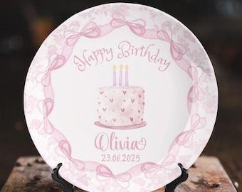 Pink Bow Birthday Plate Kids Happy Birthday Gift For Girls Personalized Name Ceramic Plate First Birthday Gift Rose Floral Keepsake