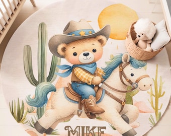Cowboy Bear Nursery Rug, Western Kids Playroom Mat