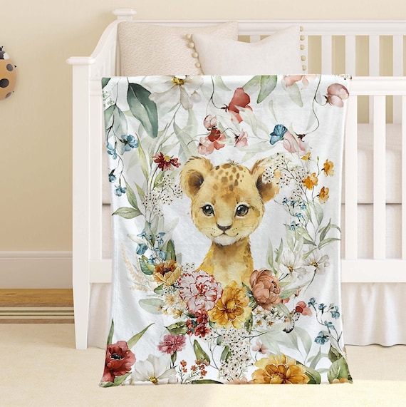 Spring Floral Animal Nursery Blanket Personalized Baby Lion