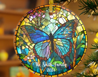 Floral Family Name Ornament, Butterfly Personalized Keepsake, Custom Christmas Stained Glass Animal Ornament, First Xmas Tree Ornament