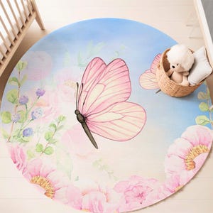Butterfly Nursery Round Rug Pink Floral Carpet Spring Area Mat Nature Lover Home Decor Cottagecore Gift Kids Playroom Mat Room Play Mat