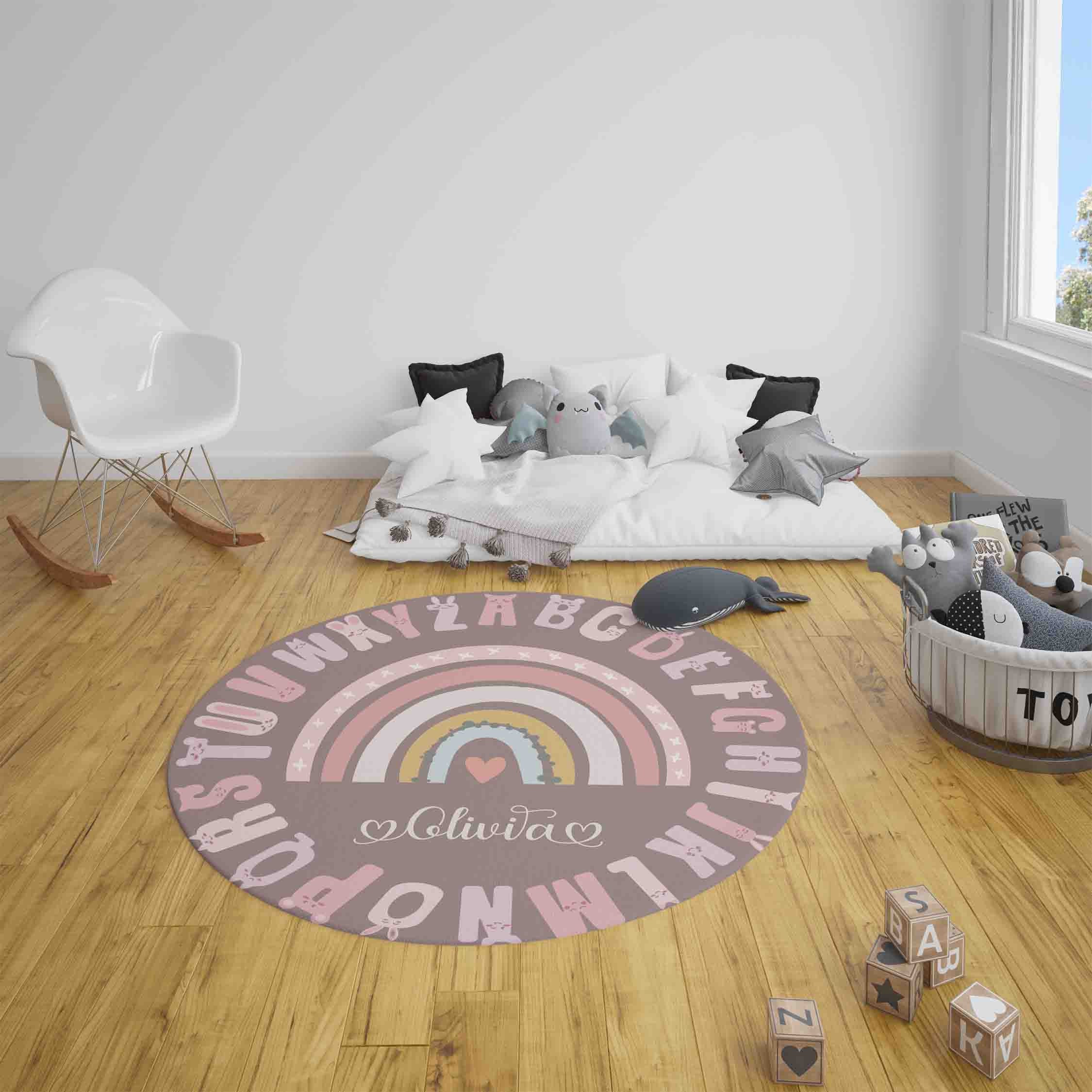 ABC Alphabet Round Rug, Bunny Letters Nursery Carpet, Boho Rainbow Home ...