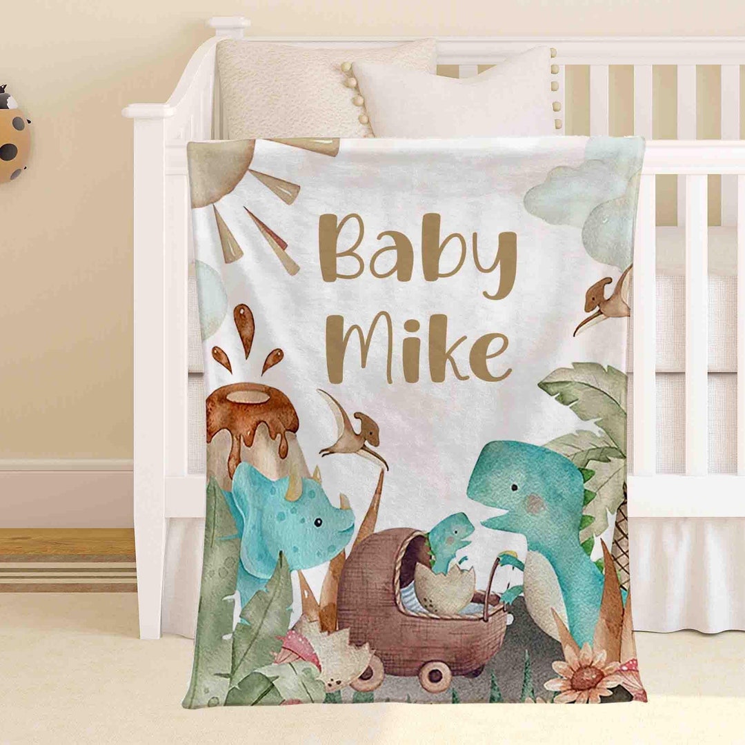 Personalized Baby Blanket With Dinosaur Design - Custom Name Fleece Blanket 50x60 Inches For Boys & Girls