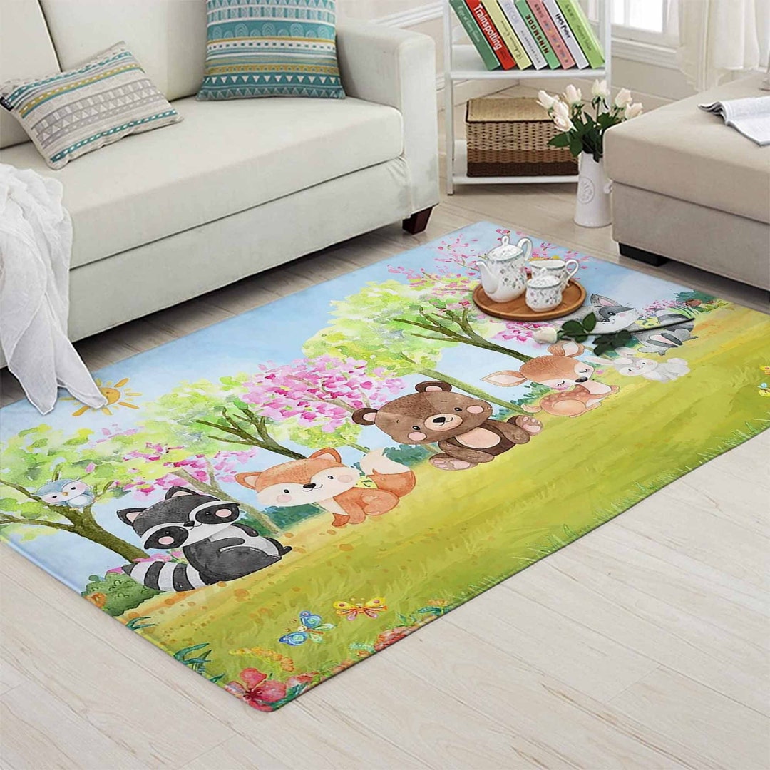 Forrest Friends Rug Woodland Animal Nursery Rug, Spring Forest, Kids Play Mat - Etsy