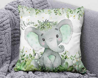 Baby Elephant Nursery Cushion, Green Floral Pillow, Personalized Toddler Gift