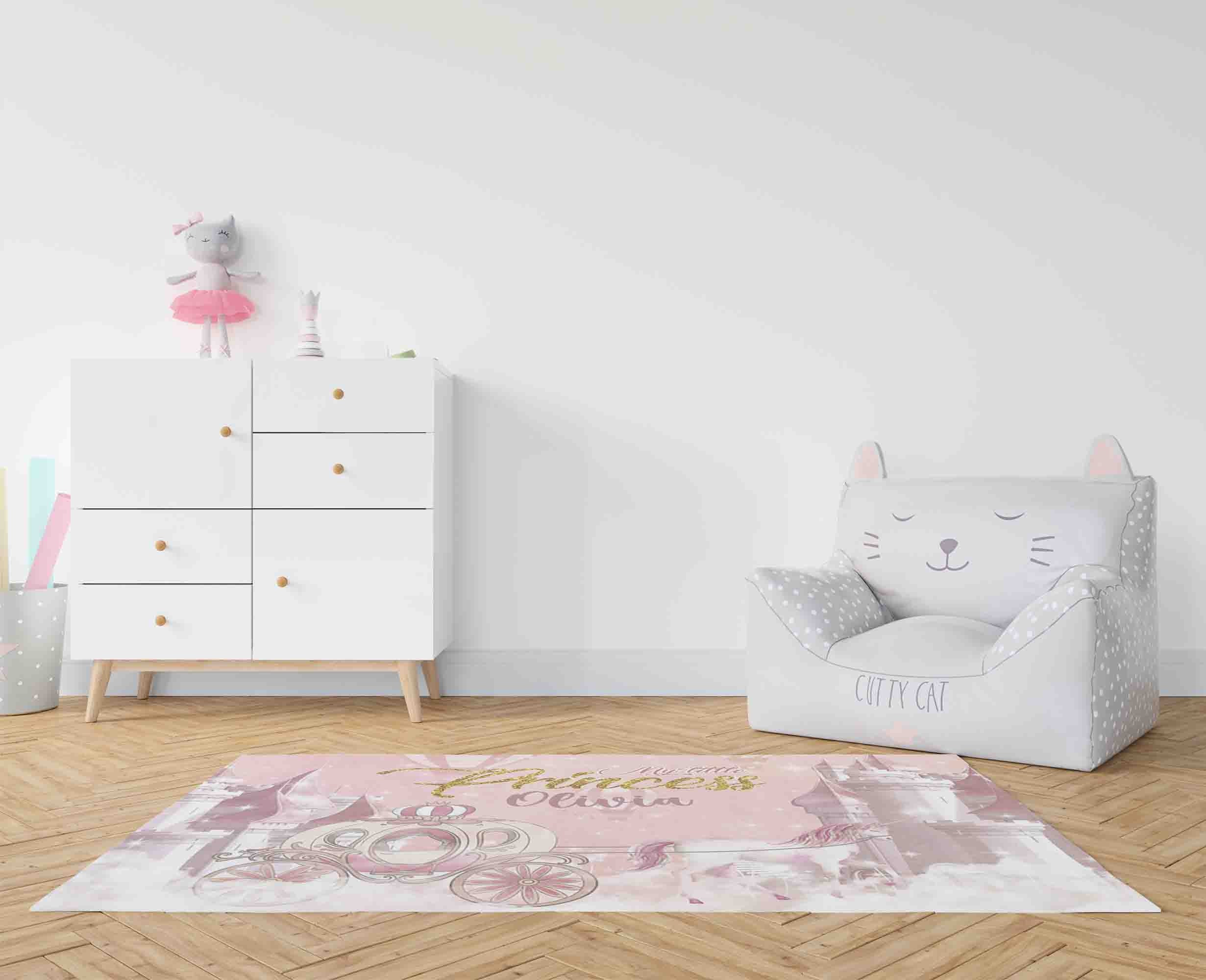Discover My Little Princess Rug, Castle Unicorn Carriage Nursery Carpet, Personalised Baby Shower Gift, Baby Girl Room Decor, Kids Playroom Mat