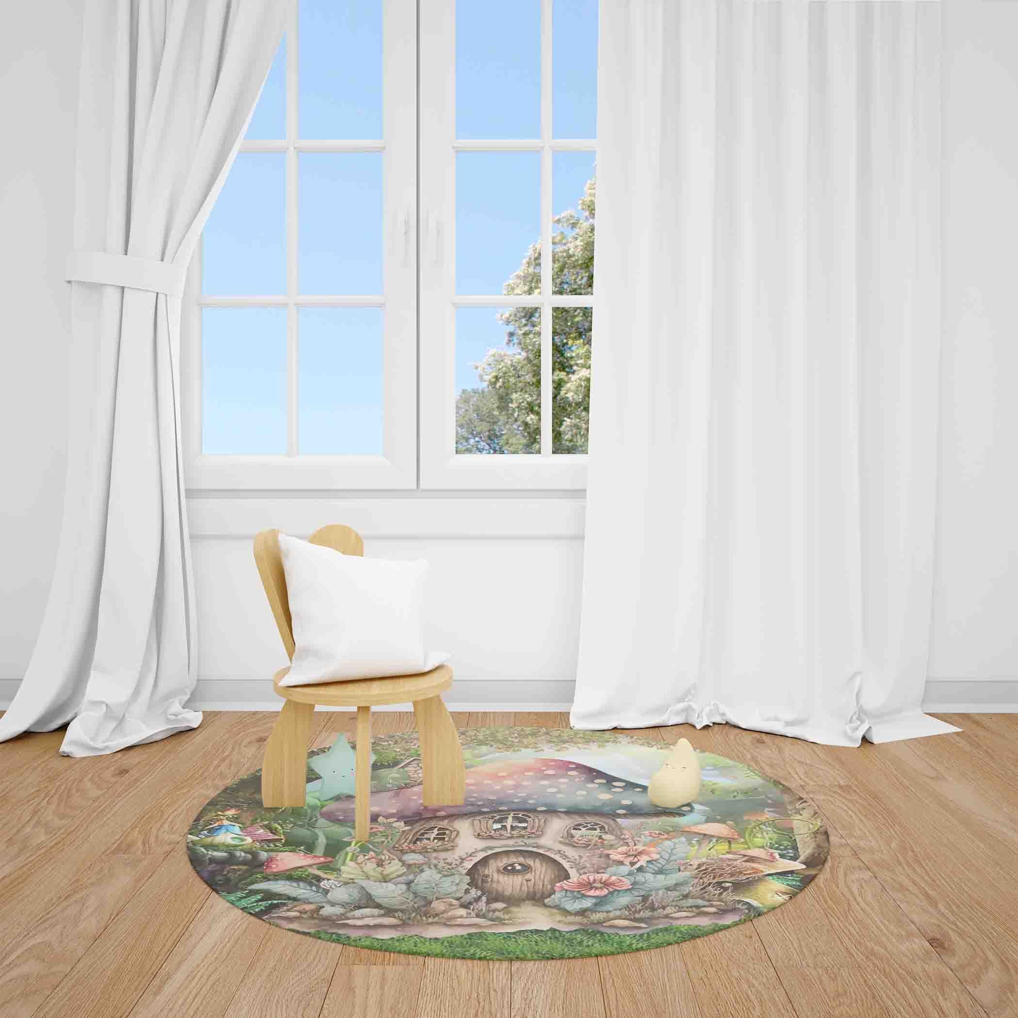Kids Play Rug Fantasy Mushroom House Round Rug, Enchanted Forest Playroom Carpet, Kids Play ...