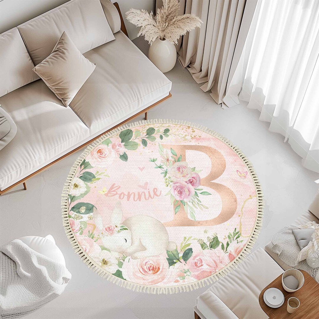 Pink Rabbit Play Mat Bunny Round Play Mat Floral Rabbit Baby Nursery Carpet Custom Alphabet ...