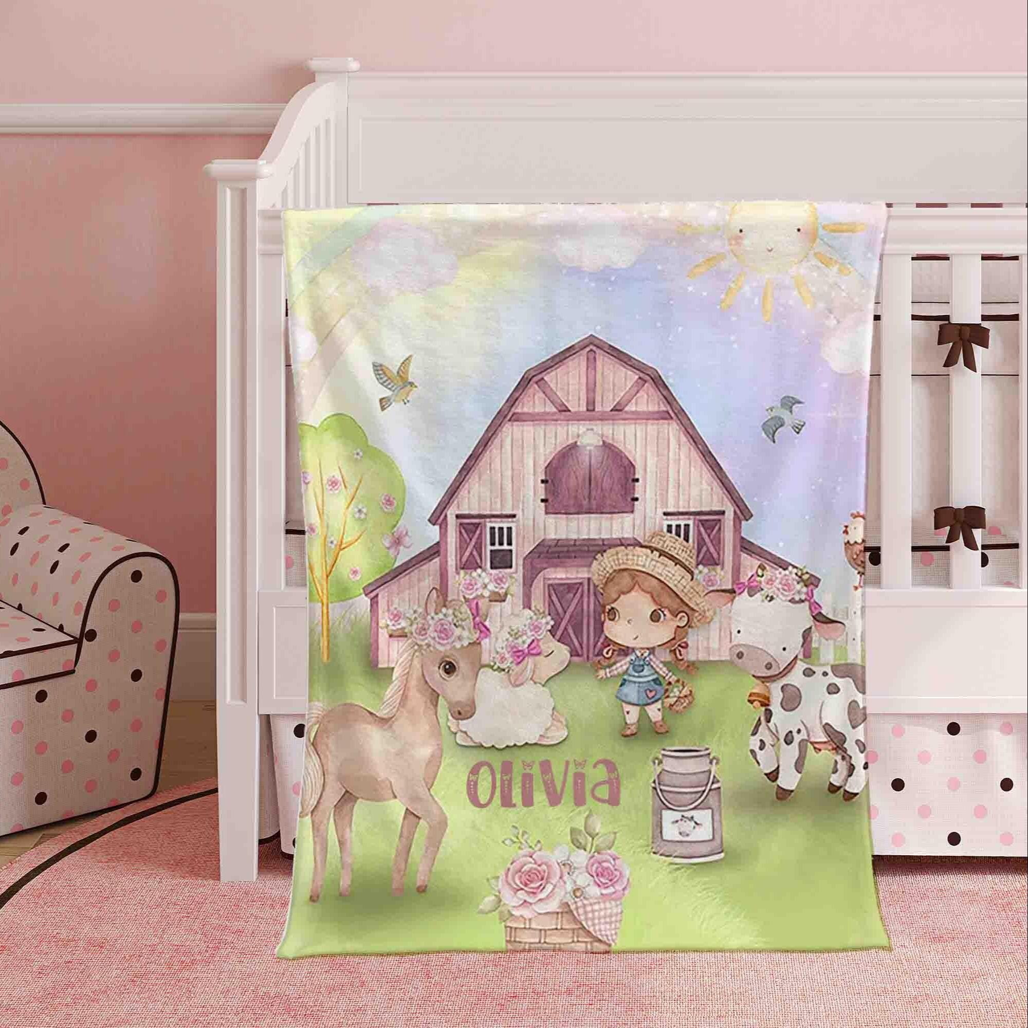 Farm Animals Nursery Blanket Personalized Baby Blanket Wild Animal Blanket Kids Custom Name Blanket Baby Shower Gift For Girls