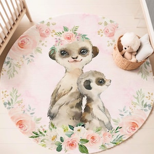 Mom and Baby Meerkat Round Rug, Safari Animals Nursery Carpet, Peony Baby Room Decor, Floral Baby Shower Gift, Wild Jungle Kids Room PlayMat