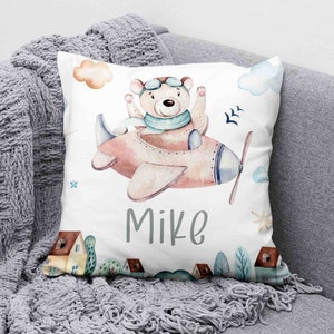 Flying Bear Cushion, Airplane Teddy Bear Pillow, Baby Bear Nursery Decor, Sky Flying Plane Baby Room Decor, Personalized Baby Shower Gift