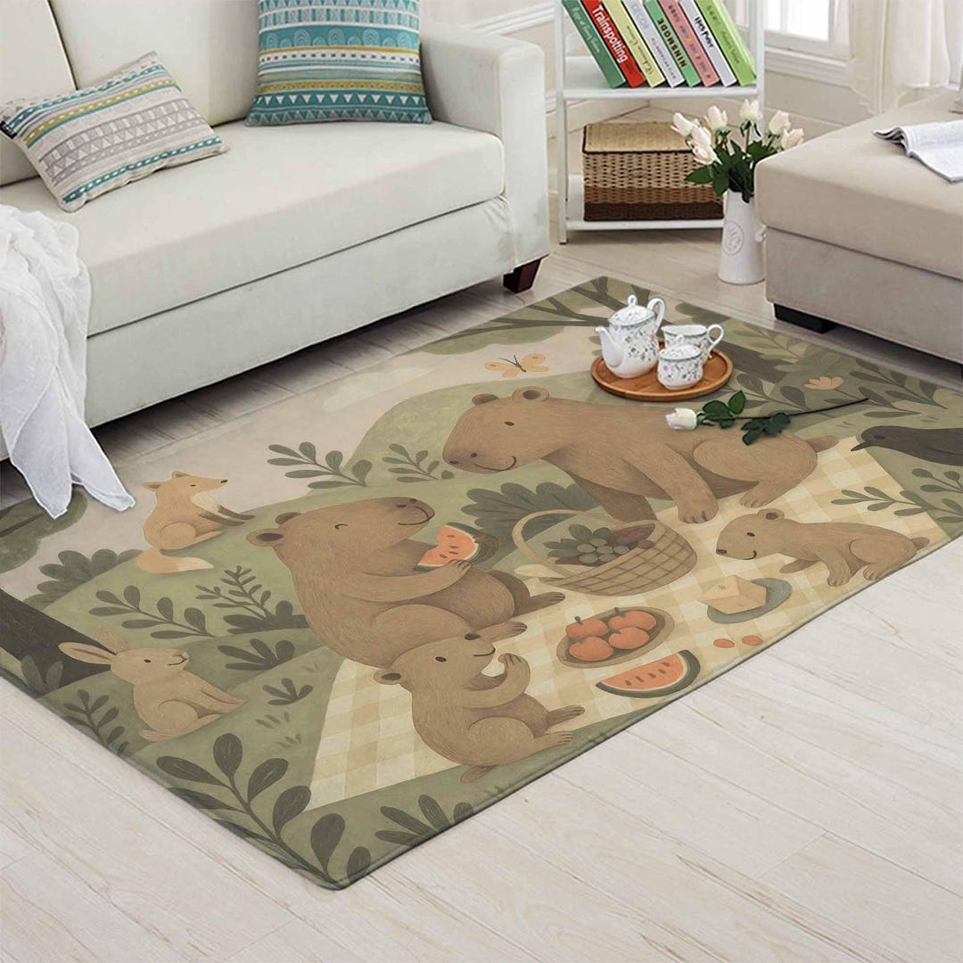 Capybara Rug Rectangle Capybara Family Rug Forest Animals Carpet Custom Name Nursery Mat ...