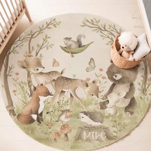 Waldtiere Kinderzimmer Teppich Waldtier Teppich Benutzerdefinierte Name Runde Matte Baby Zimmer Dekor Kinder Spielzimmer Matte Babyparty Geschenk Zurück in der Schule