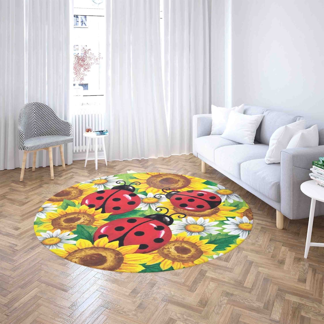 Spring Sunflowers Round Rug, Nature Ladybugs Carpet, Floral Home Decor ...
