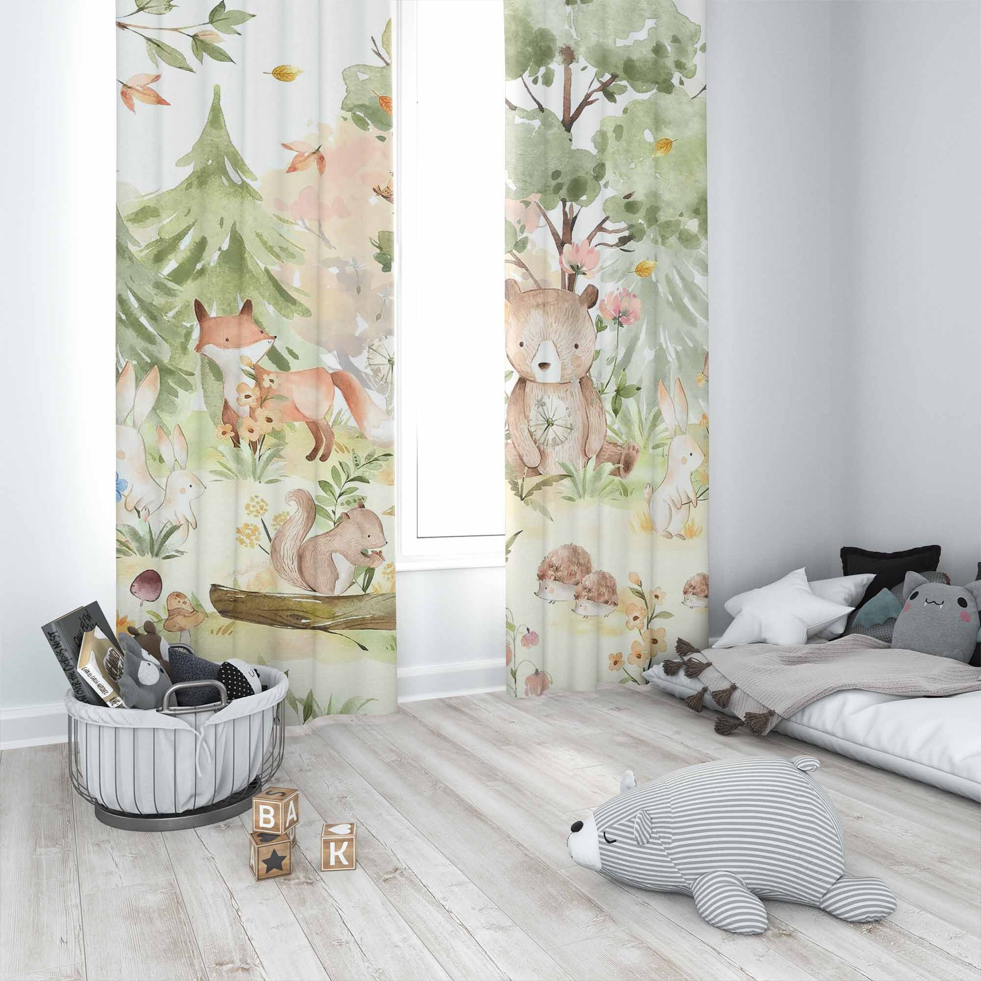 YCness Tende per finestre con animali della foresta del bosco, volpe, alci, orso, acquerello, tende per cameretta dei bambini, soggiorno, tende rustiche per finestre, set di 2 pannelli, 106 x 114 cm